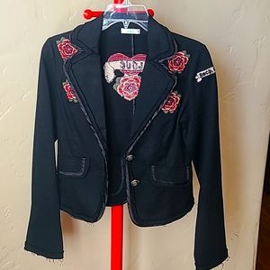 Black blazer with roses, rock n roll, and heart